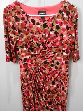 Connected Apparel Womens Peach & Burgundy Mock Wrap Geometric Print Dress Size-6